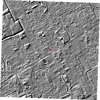 Shaded relief map of the ground around LN121DG, computed from Environment Agency LiDAR. The ground here sits at about 2 m above sea level and falls 4 m across the surrounding 800 m. Surface water reaching this point runs off ground lying to the north-east, 2.7 m higher.