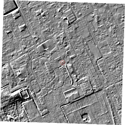 Shaded relief map of the ground around LN121DP, computed from Environment Agency LiDAR. The ground here sits at about 2 m above sea level and falls 5 m across the surrounding 800 m. Surface water reaching this point runs off ground lying to the south-east, 1.3 m higher.