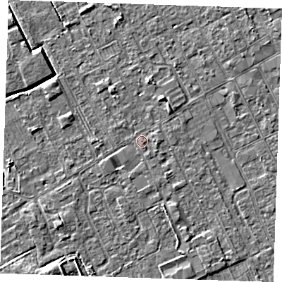 Shaded relief map of the ground around LN121DR, computed from Environment Agency LiDAR. The ground here sits at about 2 m above sea level and falls 5 m across the surrounding 800 m. Surface water reaching this point runs off ground lying to the east, 1.4 m higher.