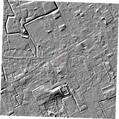 Shaded relief map of the ground around LN121EH, computed from Environment Agency LiDAR. The ground here sits at about 2 m above sea level and falls 5 m across the surrounding 800 m. Surface water reaching this point runs off ground lying to the south-south-east, 0.6 m higher.