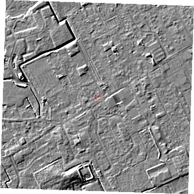 Shaded relief map of the ground around LN121EJ, computed from Environment Agency LiDAR. The ground here sits at about 2 m above sea level and falls 5 m across the surrounding 800 m. The ground contributing surface water to this point lies to the west-south-west.