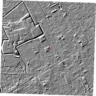 Shaded relief map of the ground around LN121EL, computed from Environment Agency LiDAR. The ground here sits at about 2 m above sea level and falls 4 m across the surrounding 800 m. Surface water reaching this point runs off ground lying to the south-west, 1.0 m higher.