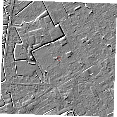 Shaded relief map of the ground around LN121EN, computed from Environment Agency LiDAR. The ground here sits at about 2 m above sea level and falls 5 m across the surrounding 800 m. Surface water reaching this point runs off ground lying to the west, 1.9 m higher.