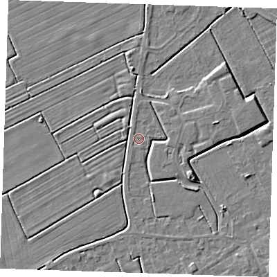 Shaded relief map of the ground around LN121EP, computed from Environment Agency LiDAR. The ground here sits at about 2 m above sea level and falls 4 m across the surrounding 800 m. Surface water reaching this point runs off ground lying to the east, 2.5 m higher.