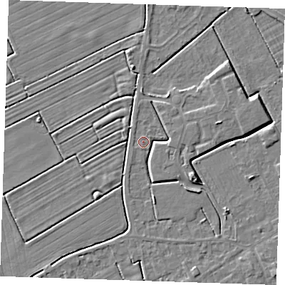 Shaded relief map of the ground around LN121ER, computed from Environment Agency LiDAR. The ground here sits at about 2 m above sea level and falls 4 m across the surrounding 800 m. Surface water reaching this point runs off ground lying to the east-north-east, 2.5 m higher.