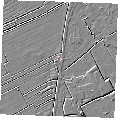 Shaded relief map of the ground around LN121ES, computed from Environment Agency LiDAR. The ground here sits at about 2 m above sea level and falls 5 m across the surrounding 800 m. Surface water reaching this point runs off ground lying to the south-west, 1.0 m higher.