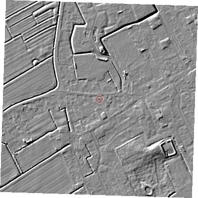 Shaded relief map of the ground around LN121ET, computed from Environment Agency LiDAR. The ground here sits at about 2 m above sea level and falls 5 m across the surrounding 800 m. Surface water reaching this point runs off ground lying to the south-south-east, 1.2 m higher.