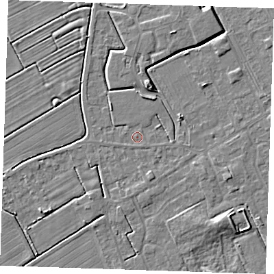 Shaded relief map of the ground around LN121EU, computed from Environment Agency LiDAR. The ground here sits at about 2 m above sea level and falls 5 m across the surrounding 800 m. Surface water reaching this point runs off ground lying to the east, 1.3 m higher.