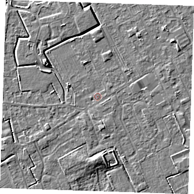 Shaded relief map of the ground around LN121EW, computed from Environment Agency LiDAR. The ground here sits at about 2 m above sea level and falls 5 m across the surrounding 800 m. Surface water reaching this point runs off ground lying to the east, 0.6 m higher.