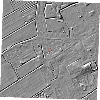 Shaded relief map of the ground around LN121EX, computed from Environment Agency LiDAR. The ground here sits at about 2 m above sea level and falls 5 m across the surrounding 800 m. Surface water reaching this point runs off ground lying to the east, 2.9 m higher.