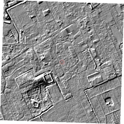 Shaded relief map of the ground around LN121EY, computed from Environment Agency LiDAR. The ground here sits at about 2 m above sea level and falls 5 m across the surrounding 800 m. Surface water reaching this point runs off ground lying to the east-north-east, 1.4 m higher.