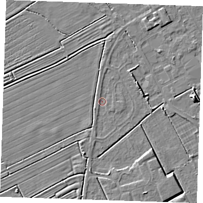 Shaded relief map of the ground around LN121EZ, computed from Environment Agency LiDAR. The ground here sits at about 1 m above sea level and falls 7 m across the surrounding 800 m. Surface water reaching this point runs off ground lying to the east-north-east, 3.4 m higher.