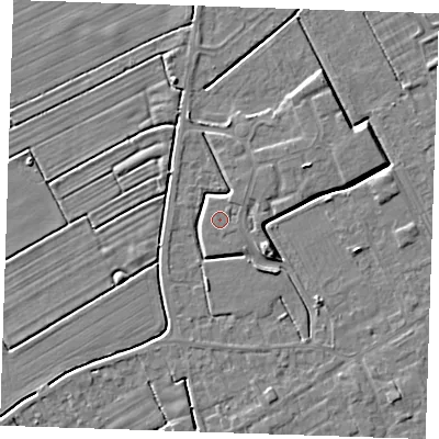 Shaded relief map of the ground around LN121FA, computed from Environment Agency LiDAR. The ground here sits at about 3 m above sea level and falls 4 m across the surrounding 800 m. The ground contributing surface water to this point lies to the south.