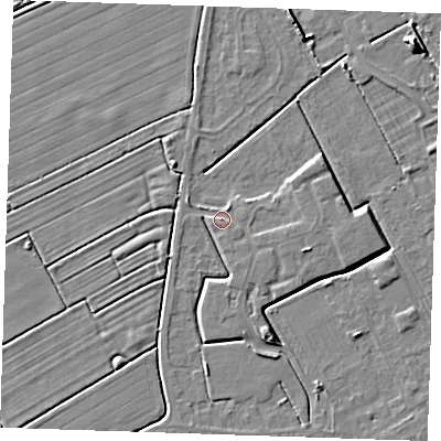 Shaded relief map of the ground around LN121FB, computed from Environment Agency LiDAR. The ground here sits at about 3 m above sea level and falls 7 m across the surrounding 800 m. Surface water reaching this point runs off ground lying to the south-south-east, 2.5 m higher.