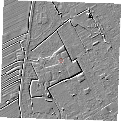 Shaded relief map of the ground around LN121FD, computed from Environment Agency LiDAR. The ground here sits at about 3 m above sea level and falls 7 m across the surrounding 800 m. Surface water reaching this point runs off ground lying to the south, 0.5 m higher.