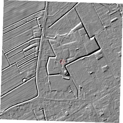 Shaded relief map of the ground around LN121FE, computed from Environment Agency LiDAR. The ground here sits at about 2 m above sea level and falls 4 m across the surrounding 800 m. Surface water reaching this point runs off ground lying to the north, 0.9 m higher.