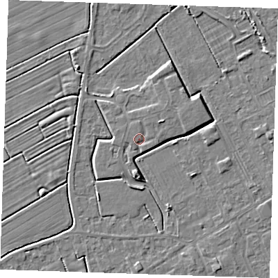 Shaded relief map of the ground around LN121FF, computed from Environment Agency LiDAR. The ground here sits at about 3 m above sea level and falls 4 m across the surrounding 800 m. Surface water reaching this point runs off ground lying to the north-east, 1.5 m higher.