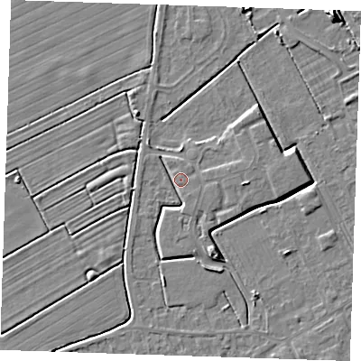 Shaded relief map of the ground around LN121FJ, computed from Environment Agency LiDAR. The ground here sits at about 3 m above sea level and falls 7 m across the surrounding 800 m. Surface water reaching this point runs off ground lying to the south-south-east, 2.5 m higher.