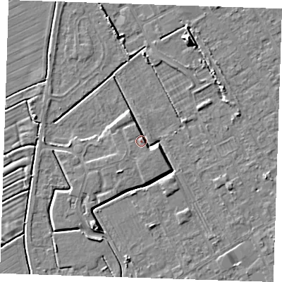 Shaded relief map of the ground around LN121FL, computed from Environment Agency LiDAR. The ground here sits at about 3 m above sea level and falls 7 m across the surrounding 800 m. Surface water reaching this point runs off ground lying to the south-south-west, 4.0 m higher.