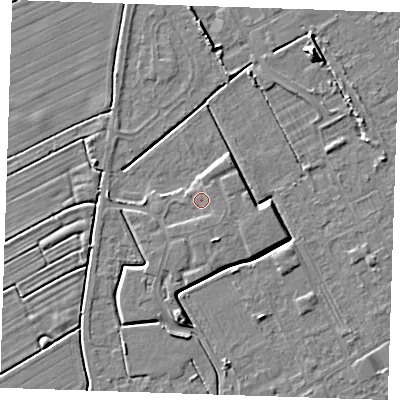 Shaded relief map of the ground around LN121FN, computed from Environment Agency LiDAR. The ground here sits at about 3 m above sea level and falls 7 m across the surrounding 800 m. Surface water reaching this point runs off ground lying to the south-east, 1.1 m higher.