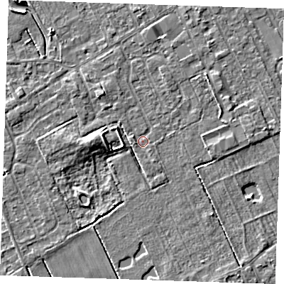 Shaded relief map of the ground around LN121FR, computed from Environment Agency LiDAR. The ground here sits at about 2 m above sea level and falls 5 m across the surrounding 800 m. Surface water reaching this point runs off ground lying to the west-south-west, 1.0 m higher.