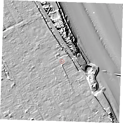 Shaded relief map of the ground around LN121GA, computed from Environment Agency LiDAR. The ground here sits at about 2 m above sea level and falls 18 m across the surrounding 800 m. Surface water reaching this point runs off ground lying to the south, 1.2 m higher.