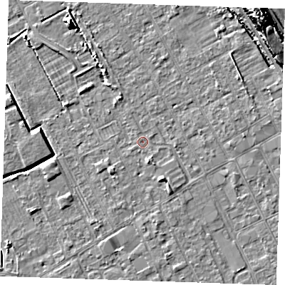 Shaded relief map of the ground around LN121HA, computed from Environment Agency LiDAR. The ground here sits at about 2 m above sea level and falls 14 m across the surrounding 800 m. Surface water reaching this point runs off ground lying to the south-south-east, 1.1 m higher.