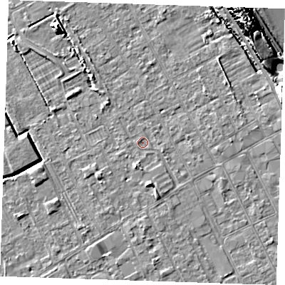 Shaded relief map of the ground around LN121HB, computed from Environment Agency LiDAR. The ground here sits at about 2 m above sea level and falls 14 m across the surrounding 800 m. Surface water reaching this point runs off ground lying to the south, 1.0 m higher.