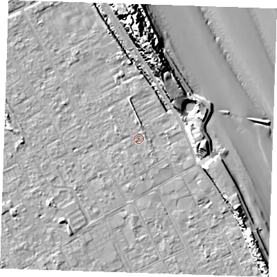 Shaded relief map of the ground around LN121HH, computed from Environment Agency LiDAR. The ground here sits at about 2 m above sea level and falls 18 m across the surrounding 800 m. Surface water reaching this point runs off ground lying to the east-north-east, 0.7 m higher.