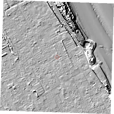 Shaded relief map of the ground around LN121HL, computed from Environment Agency LiDAR. The ground here sits at about 2 m above sea level and falls 18 m across the surrounding 800 m. Surface water reaching this point runs off ground lying to the east, 0.7 m higher.