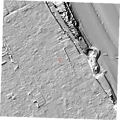 Shaded relief map of the ground around LN121HN, computed from Environment Agency LiDAR. The ground here sits at about 2 m above sea level and falls 18 m across the surrounding 800 m. Surface water reaching this point runs off ground lying to the north-east, 1.1 m higher.