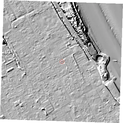 Shaded relief map of the ground around LN121HP, computed from Environment Agency LiDAR. The ground here sits at about 2 m above sea level and falls 18 m across the surrounding 800 m. Surface water reaching this point runs off ground lying to the east-north-east, 1.3 m higher.