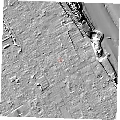 Shaded relief map of the ground around LN121HR, computed from Environment Agency LiDAR. The ground here sits at about 2 m above sea level and falls 17 m across the surrounding 800 m. Surface water reaching this point runs off ground lying to the south-east, 0.8 m higher.