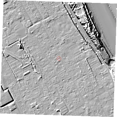 Shaded relief map of the ground around LN121HT, computed from Environment Agency LiDAR. The ground here sits at about 2 m above sea level and falls 16 m across the surrounding 800 m. Surface water reaching this point runs off ground lying to the north-east, 2.0 m higher.