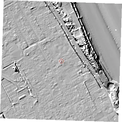Shaded relief map of the ground around LN121HU, computed from Environment Agency LiDAR. The ground here sits at about 2 m above sea level and falls 18 m across the surrounding 800 m. Surface water reaching this point runs off ground lying to the west, 6.8 m higher.
