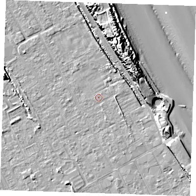 Shaded relief map of the ground around LN121HW, computed from Environment Agency LiDAR. The ground here sits at about 2 m above sea level and falls 18 m across the surrounding 800 m. Surface water reaching this point runs off ground lying to the east, 1.2 m higher.