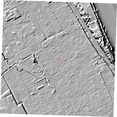 Shaded relief map of the ground around LN121HX, computed from Environment Agency LiDAR. The ground here sits at about 2 m above sea level and falls 16 m across the surrounding 800 m. Surface water reaching this point runs off ground lying to the east-north-east, 2.0 m higher.
