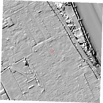 Shaded relief map of the ground around LN121HY, computed from Environment Agency LiDAR. The ground here sits at about 2 m above sea level and falls 16 m across the surrounding 800 m. Surface water reaching this point runs off ground lying to the west-south-west, 6.8 m higher.