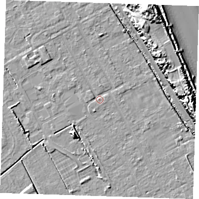 Shaded relief map of the ground around LN121HZ, computed from Environment Agency LiDAR. The ground here sits at about 2 m above sea level and falls 16 m across the surrounding 800 m. Surface water reaching this point runs off ground lying to the north-north-west, 1.2 m higher.