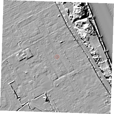 Shaded relief map of the ground around LN121JA, computed from Environment Agency LiDAR. The ground here sits at about 2 m above sea level and falls 18 m across the surrounding 800 m. Surface water reaching this point runs off ground lying to the north, 0.9 m higher.