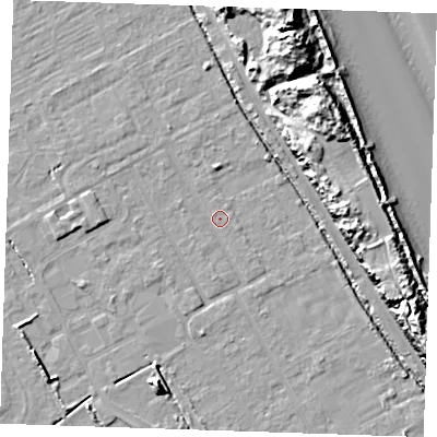 Shaded relief map of the ground around LN121JB, computed from Environment Agency LiDAR. The ground here sits at about 2 m above sea level and falls 18 m across the surrounding 800 m. Surface water reaching this point runs off ground lying to the north-north-west, 0.9 m higher.
