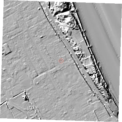 Shaded relief map of the ground around LN121JD, computed from Environment Agency LiDAR. The ground here sits at about 2 m above sea level and falls 18 m across the surrounding 800 m. The ground contributing surface water to this point lies to the north-north-east.