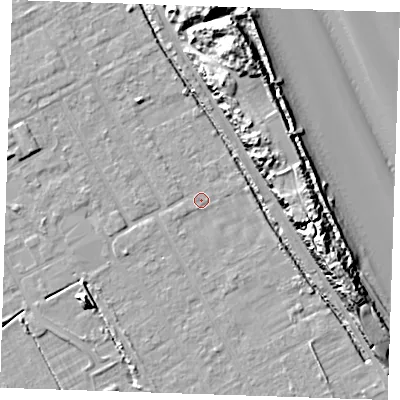 Shaded relief map of the ground around LN121JE, computed from Environment Agency LiDAR. The ground here sits at about 2 m above sea level and falls 17 m across the surrounding 800 m. Surface water reaching this point runs off ground lying to the south-west, 0.8 m higher.