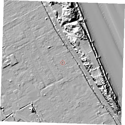 Shaded relief map of the ground around LN121JF, computed from Environment Agency LiDAR. The ground here sits at about 2 m above sea level and falls 19 m across the surrounding 800 m. The ground contributing surface water to this point lies to the south-west.