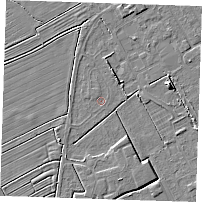 Shaded relief map of the ground around LN121JH, computed from Environment Agency LiDAR. The ground here sits at about 1 m above sea level and falls 7 m across the surrounding 800 m. Surface water reaching this point runs off ground lying to the north-north-east, 3.4 m higher.