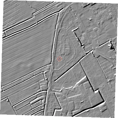 Shaded relief map of the ground around LN121JJ, computed from Environment Agency LiDAR. The ground here sits at about 2 m above sea level and falls 7 m across the surrounding 800 m. Surface water reaching this point runs off ground lying to the north-east, 3.4 m higher.