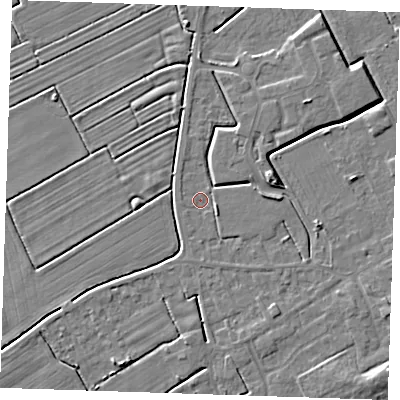 Shaded relief map of the ground around LN121JL, computed from Environment Agency LiDAR. The ground here sits at about 2 m above sea level and falls 5 m across the surrounding 800 m. Surface water reaching this point runs off ground lying to the east-south-east, 2.3 m higher.