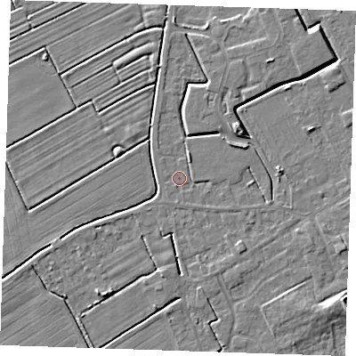 Shaded relief map of the ground around LN121JN, computed from Environment Agency LiDAR. The ground here sits at about 2 m above sea level and falls 5 m across the surrounding 800 m. Surface water reaching this point runs off ground lying to the east, 0.8 m higher.
