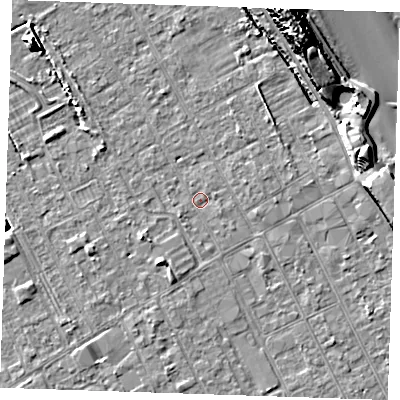 Shaded relief map of the ground around LN121JP, computed from Environment Agency LiDAR. The ground here sits at about 2 m above sea level and falls 16 m across the surrounding 800 m. Surface water reaching this point runs off ground lying to the south-west, 1.2 m higher.