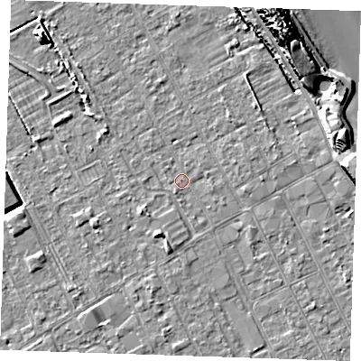 Shaded relief map of the ground around LN121JR, computed from Environment Agency LiDAR. The ground here sits at about 2 m above sea level and falls 14 m across the surrounding 800 m. Surface water reaching this point runs off ground lying to the south-west, 1.2 m higher.
